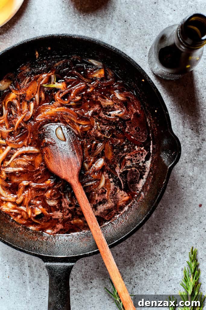 Caramelized onions in a skillet.