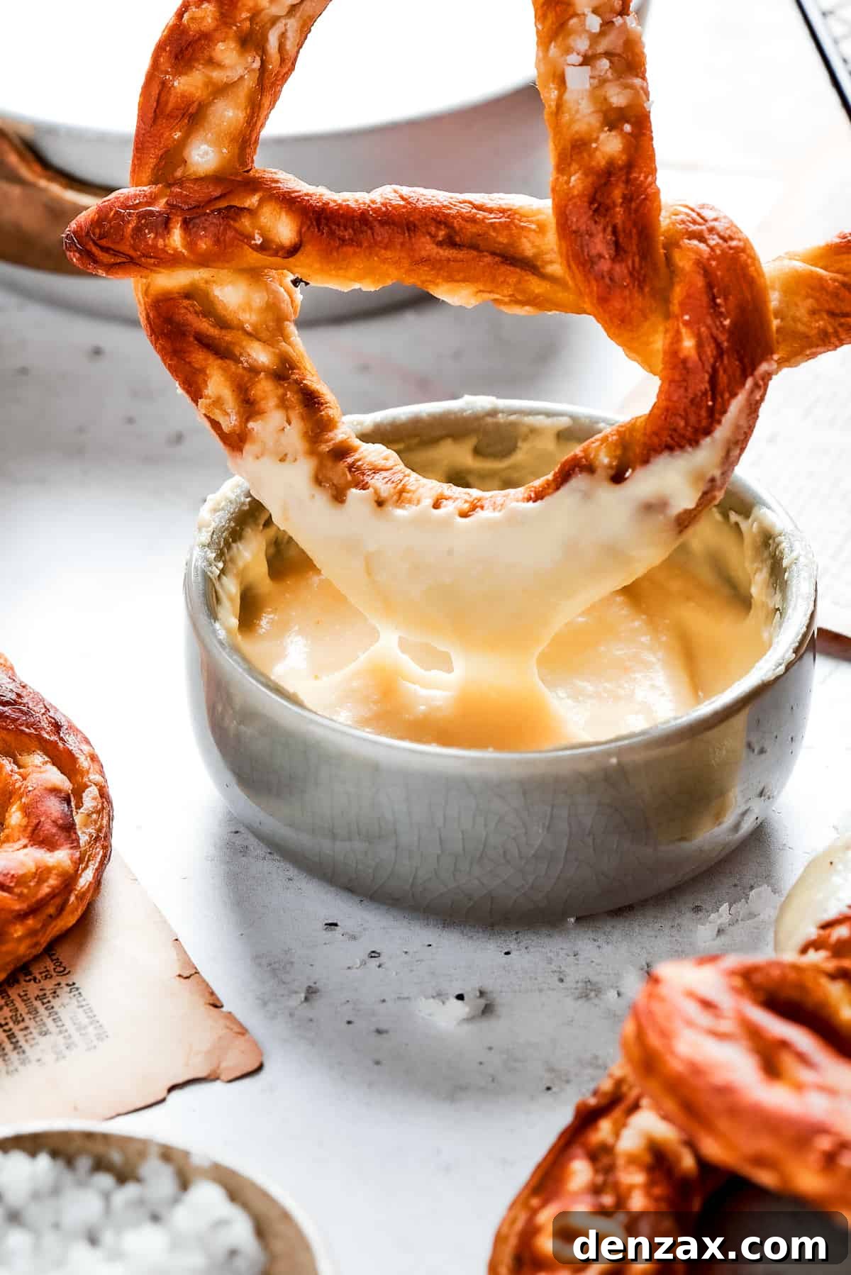 A soft pretzel is dipped in cheese sauce.