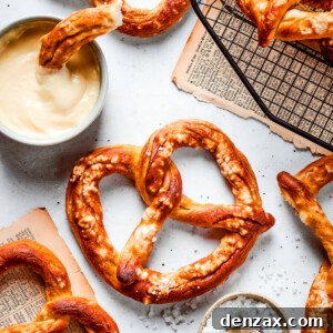 Baked soft pretzels are shown on a rack with cheese sauce alongside.