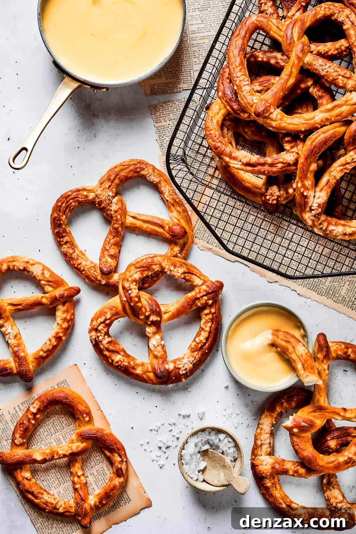 Baked soft pretzels are shown on a rack with cheese sauce alongside.
