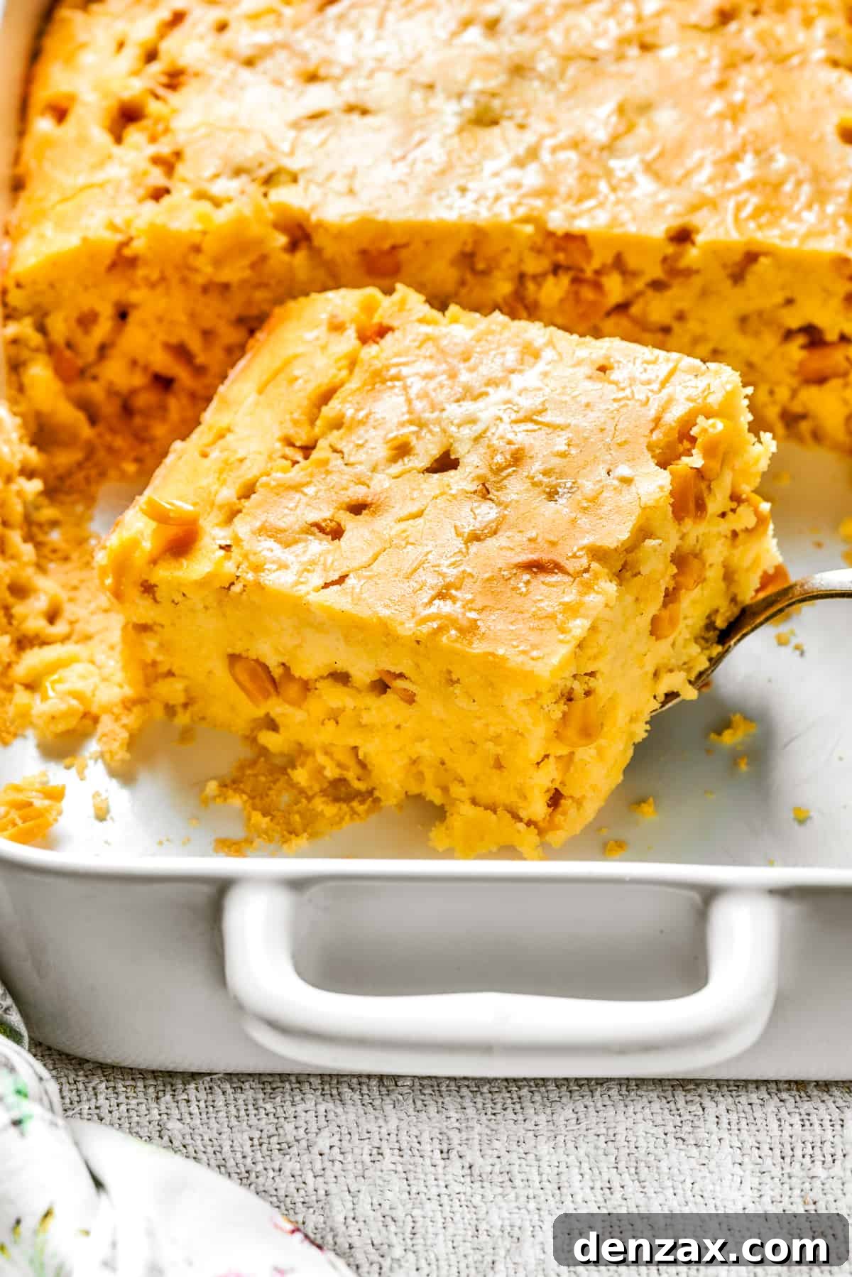 Corn Souffle is rich, creamy, and slightly sweet-savory. It's easily made with pantry and fridge staples, making it a great side dish. A cut-out square of corn souffle inside a white baking dish.