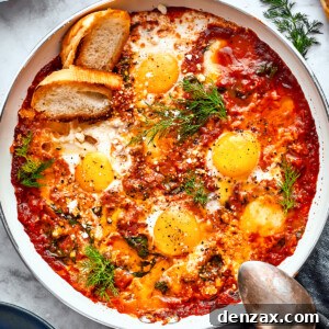 Cooked eggs in purgatory in a skillet are garnished with parsley and toasted bread with a silver spoon resting on its edge.