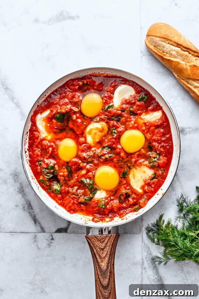 A skillet of eggs in purgatory shows white slices of mozzarella and yellow egg yolks in red sauce.