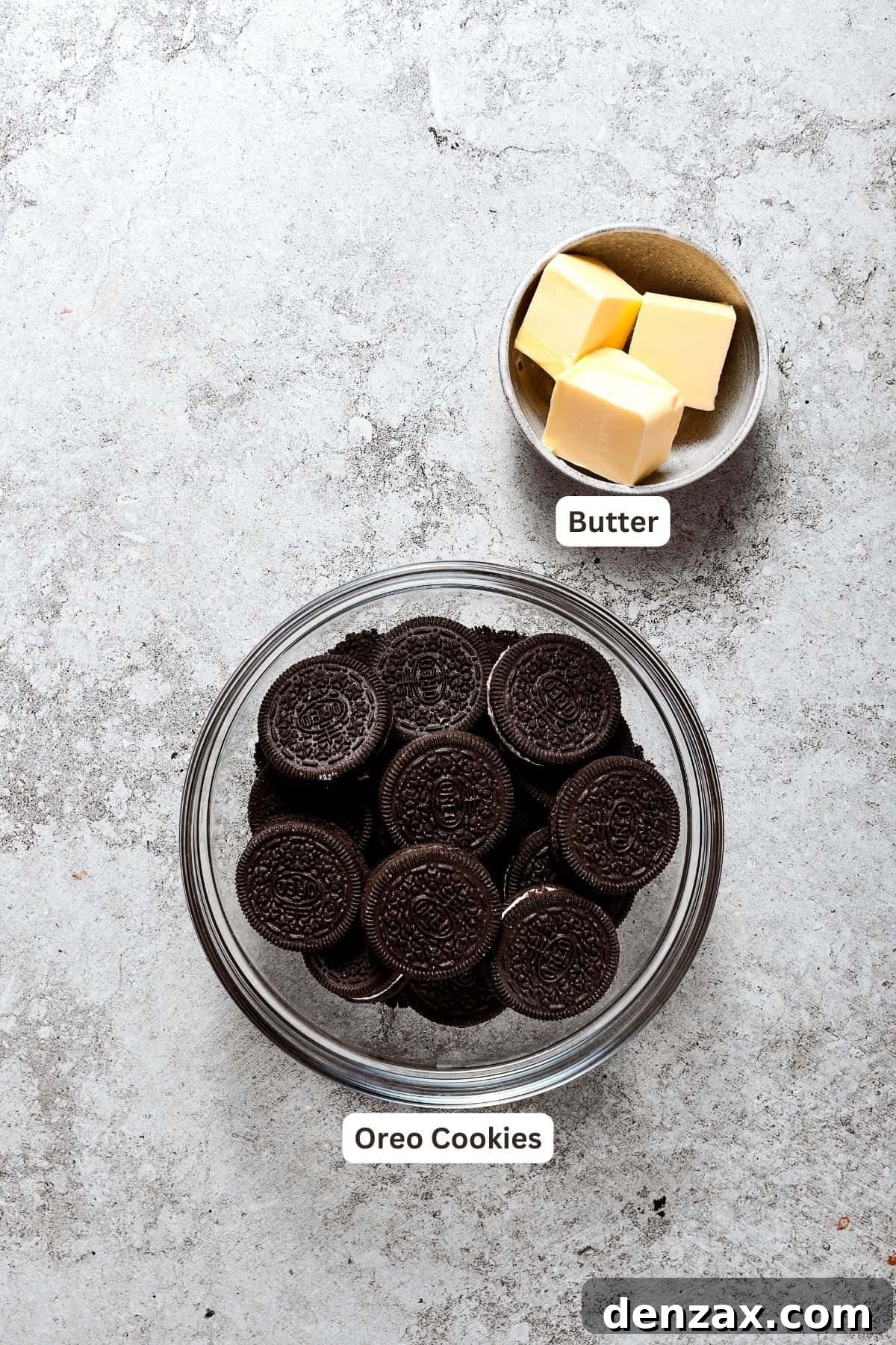 The ingredients for French silk pie crust are shown: butter and Oreo cookies.