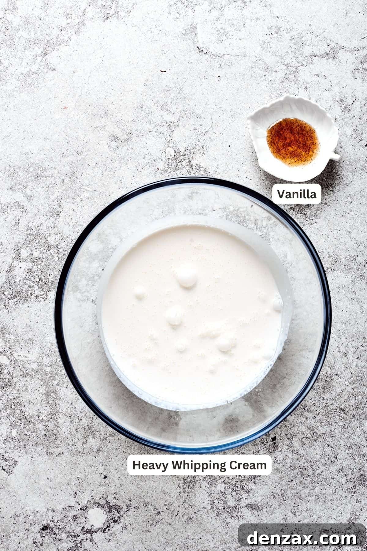 Ingredients for whipped cream are shown: heavy cream and vanilla.