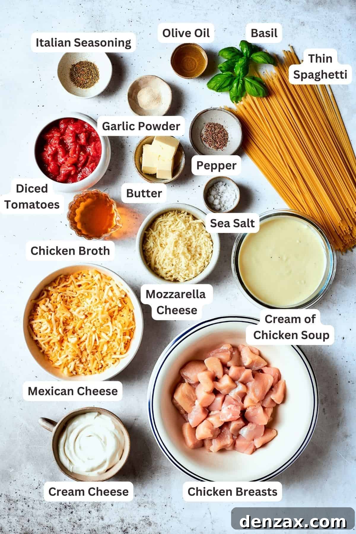 Ingredients for cheesy chicken spaghetti laid out: spaghetti, chicken, canned tomatoes, cheeses, cream of chicken soup, broth and seasonings.