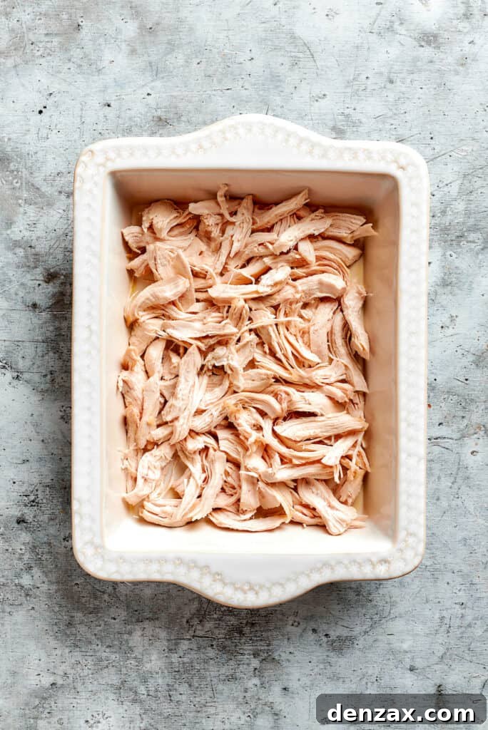 Spread shredded chicken in the casserole dish. Shredded chicken is arranged in a baking dish.