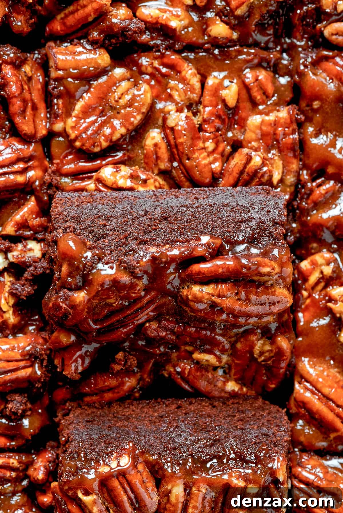 Up close shot of a brownie square topped with pecans.