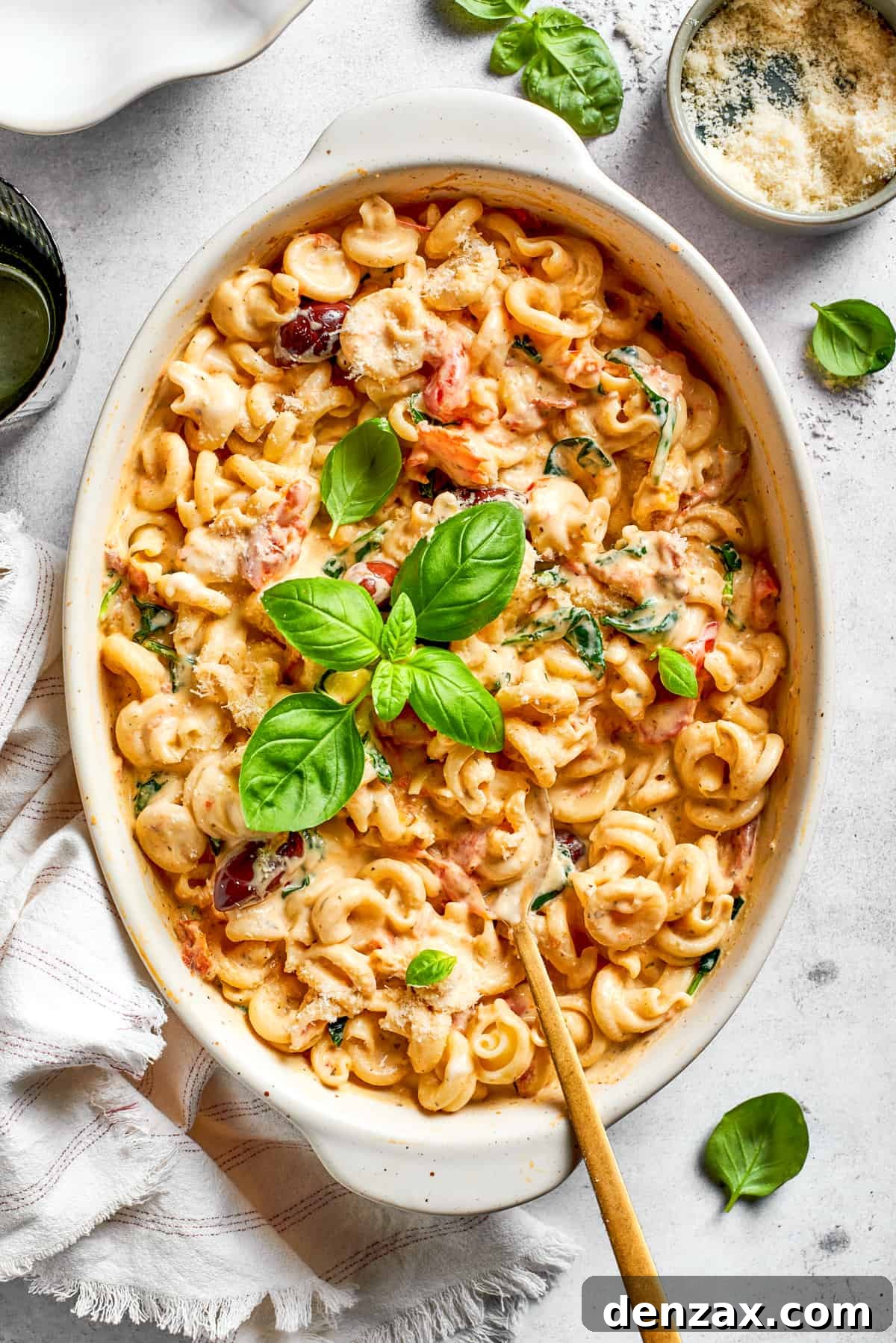 Baked pasta in a casserole dish garnished with fresh basil leaves.