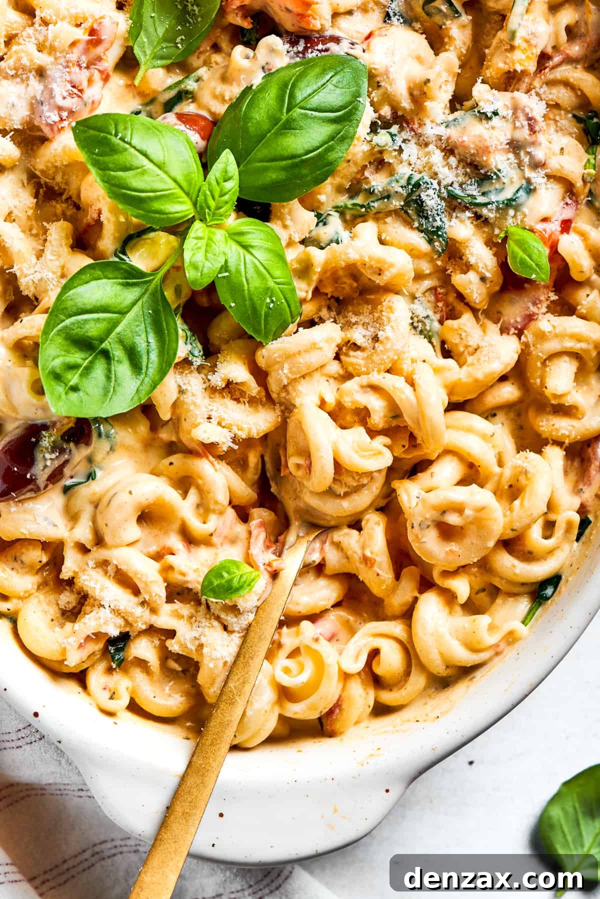 Up close image of Boursin pasta with a spoon mixing through it.