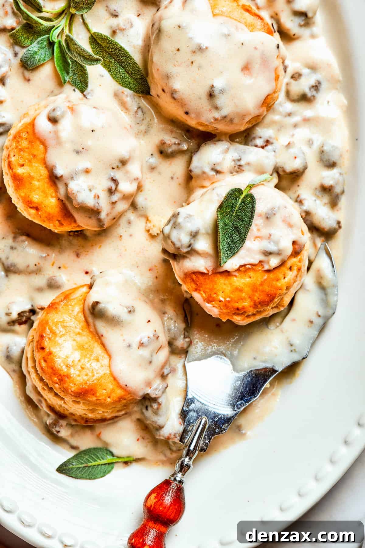 Sausage and gravy biscuits served on an oval white serving dish.
