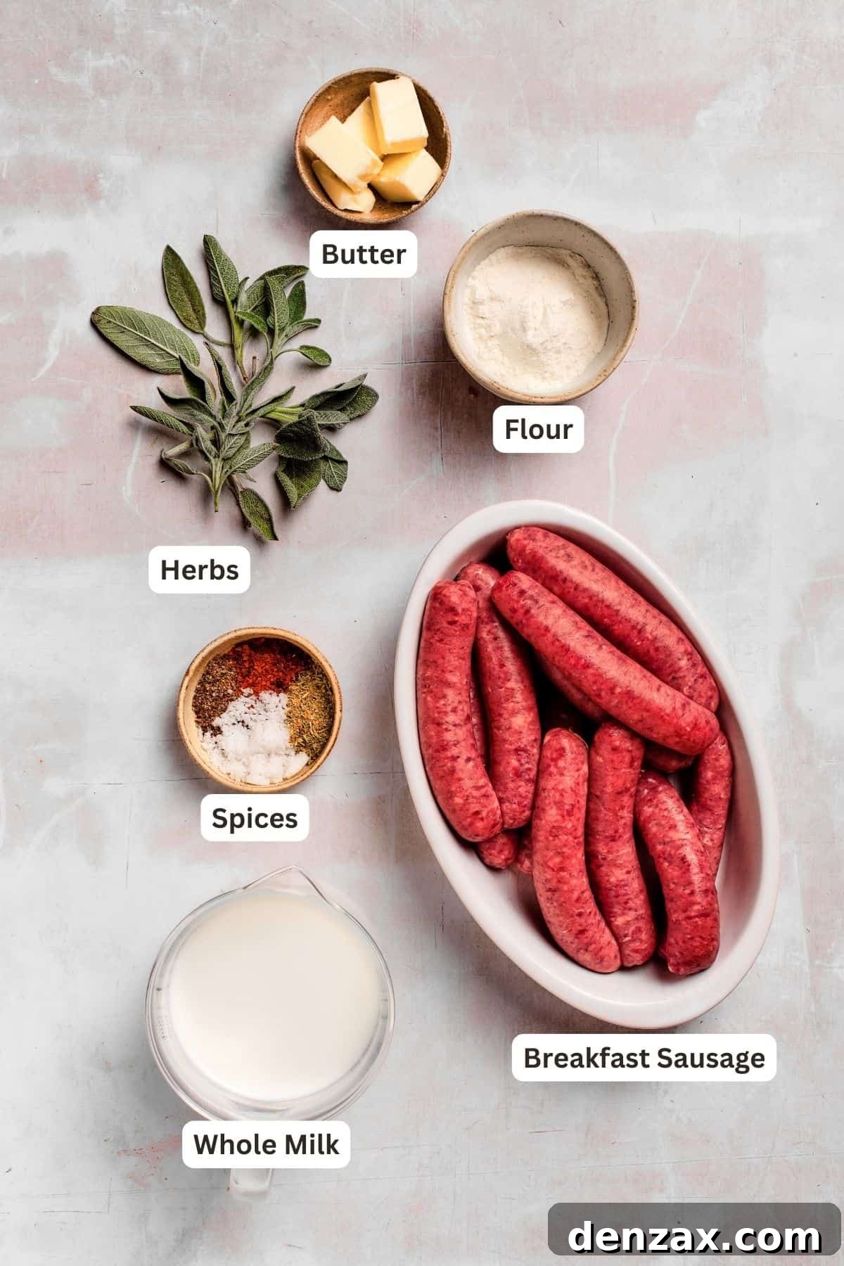 Ingredients for sausage and gravy biscuits are shown: flour, sausage, butter, butter, spices, herbs.