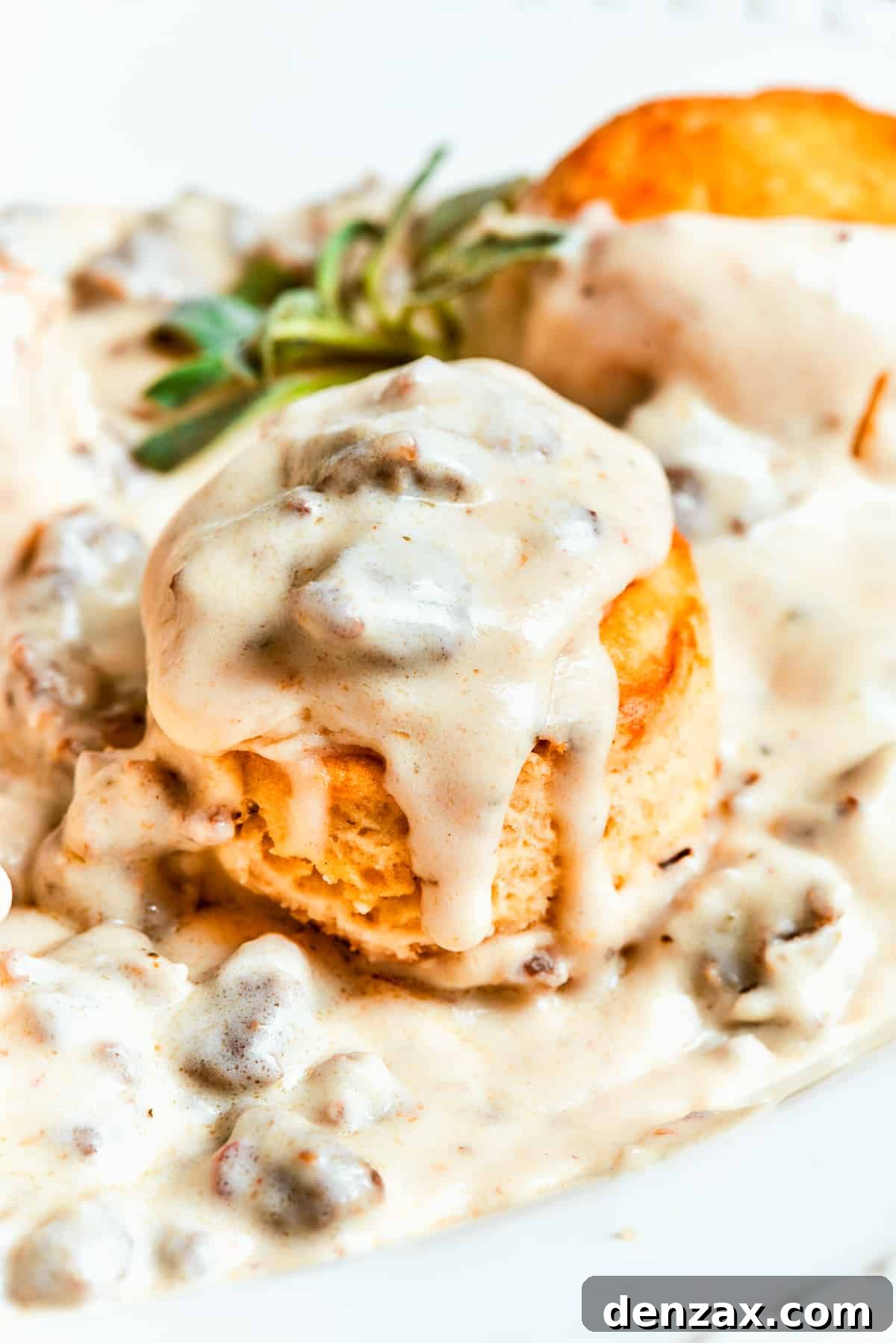 Sausage gravy poured over biscuits.
