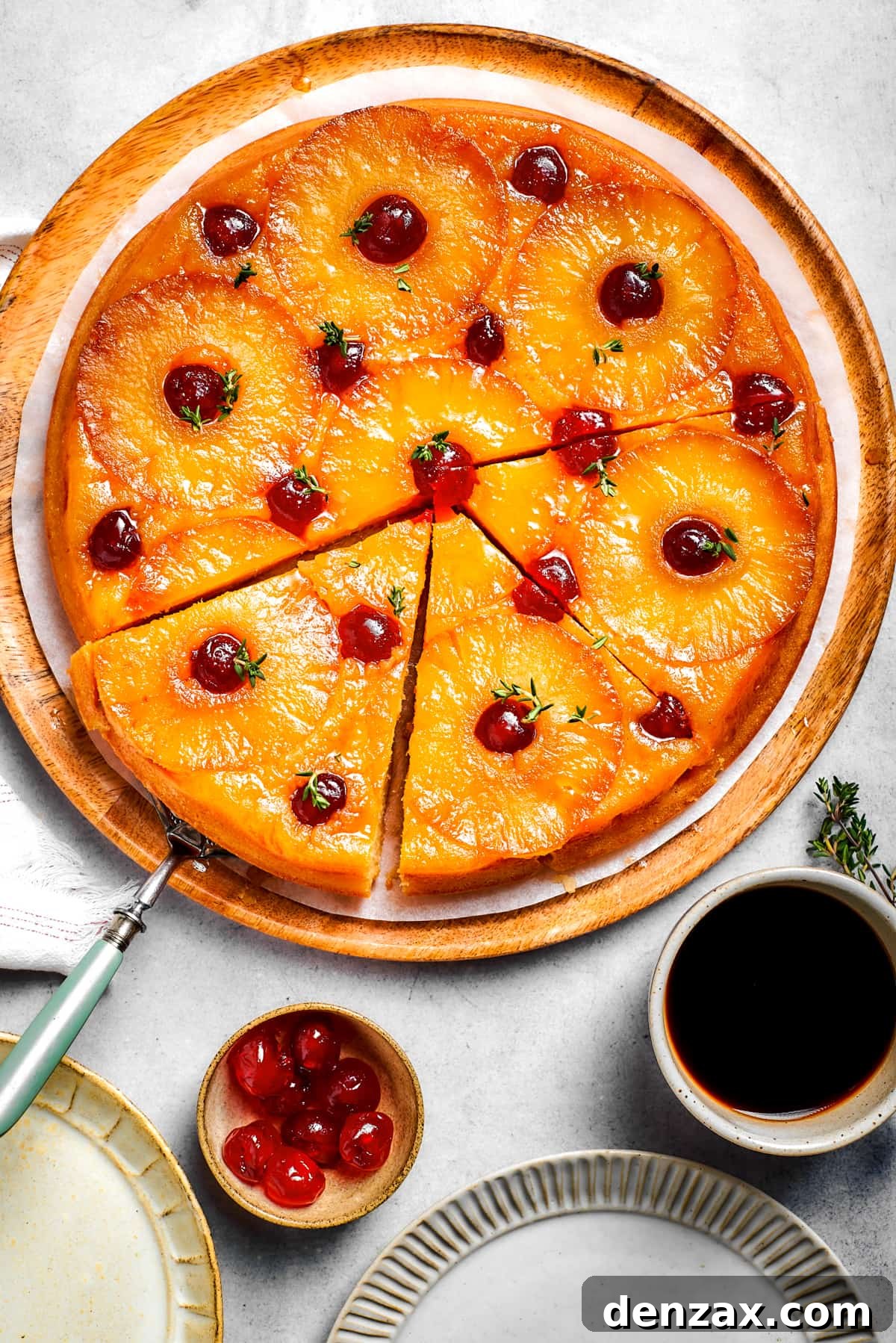 Pineapple Cake topped with juicy pineapple and Maraschino cherries. A round cake topped with pineapple rings and maraschino cherries.