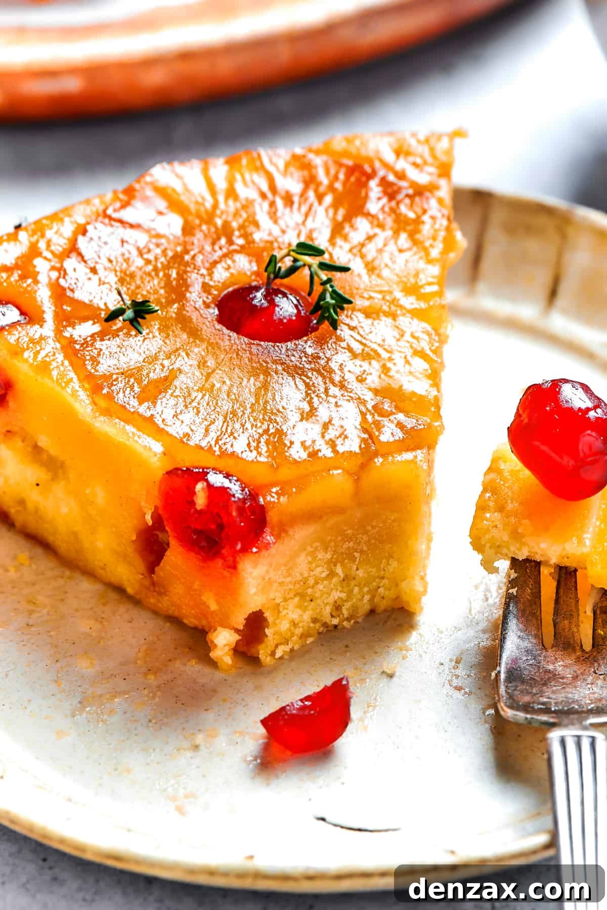 A plated slice of pineapple cake. Slice of pineapple cake served on a dessert plate, with a fork next to it holding a bite of cake.