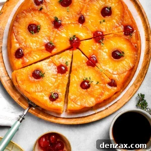 Moist Pineapple Cake Recipe with Fresh Pineapple and Crunchy Topping 2 A round cake topped with pineapple rings and maraschino cherries.