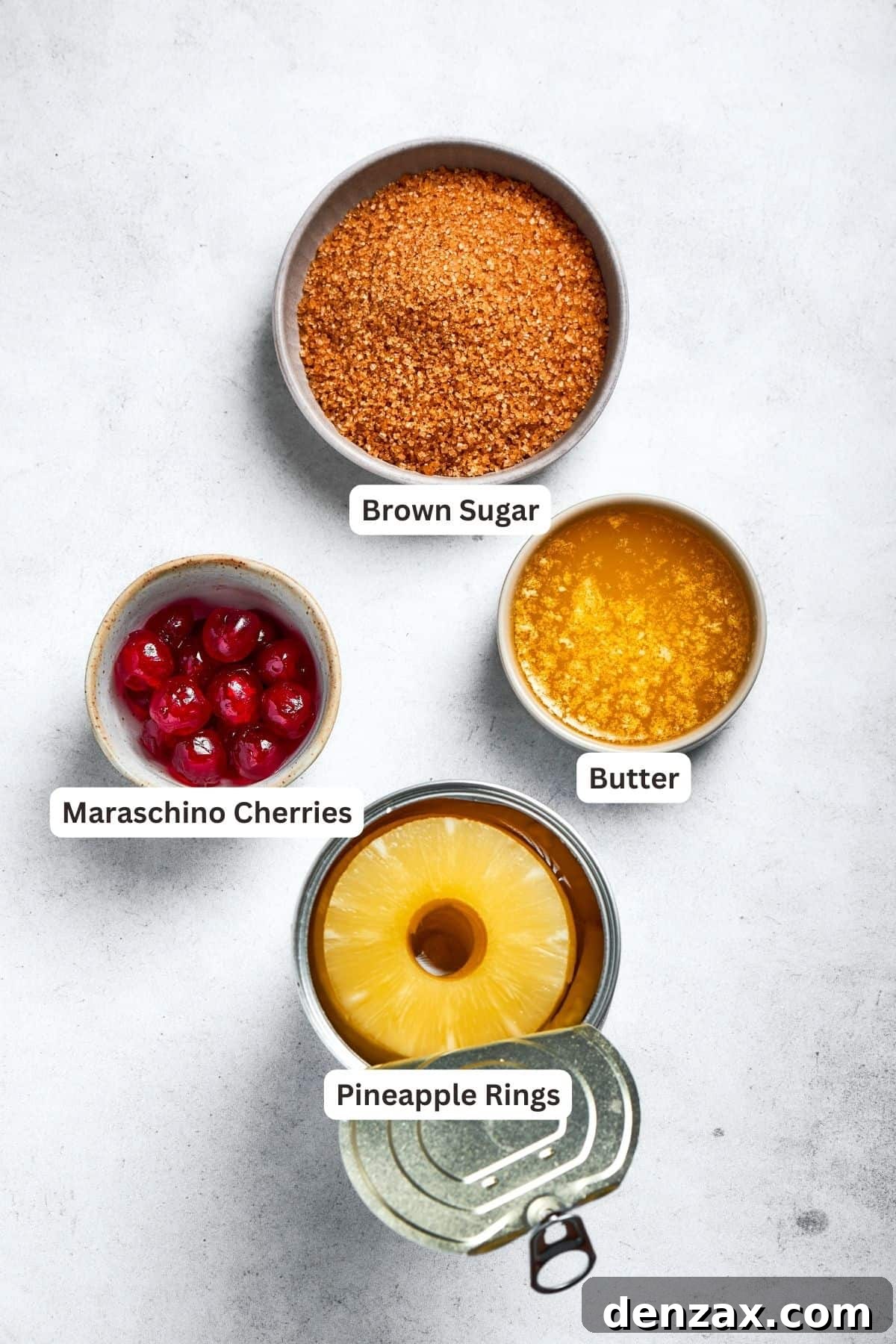 Topping ingredients: pineapple rings, butter, brown sugar, cherries. Topping ingredients are shown: pineapple rings, butter, butter, brown sugar, cherries.