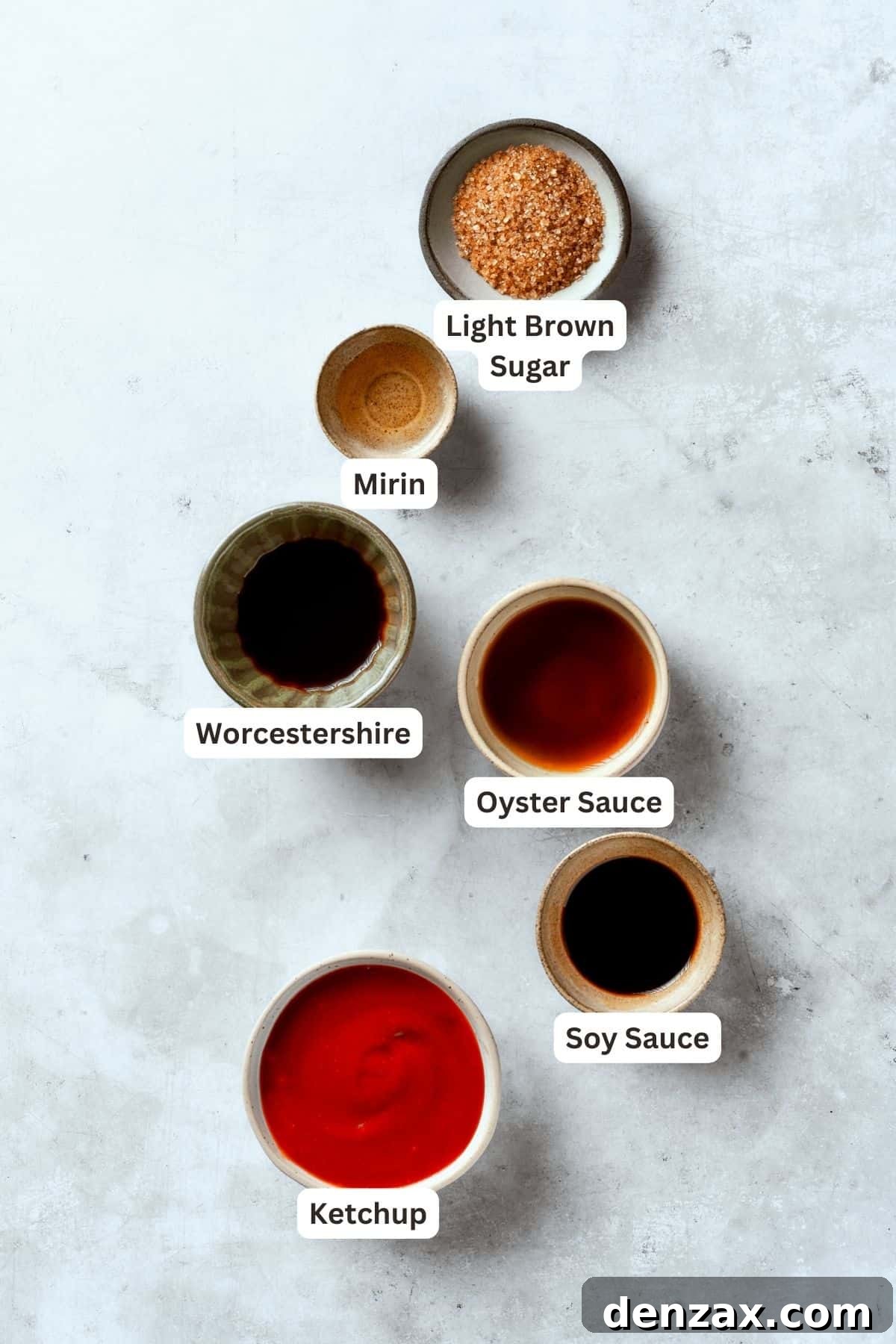 Ingredients for tonkatsu sauce are shown portioned out and labeled: oyster sauce, soy sauce, mirin, Worcestershire sauce, brown sugar, ketchup.