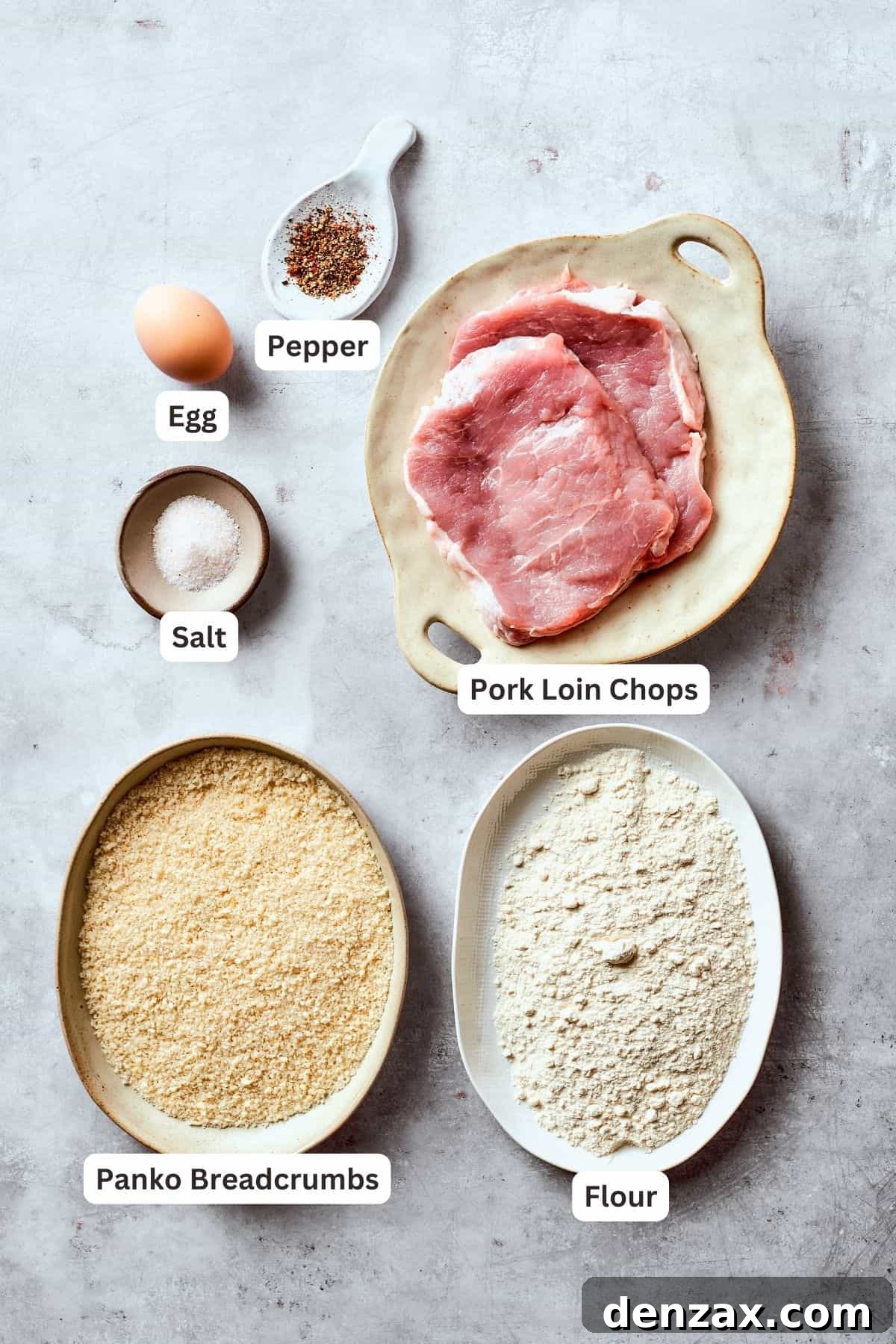 Ingredients for pork katsu are shown portioned out and labeled: pork, panko, salt and pepper, egg, oil, flour.