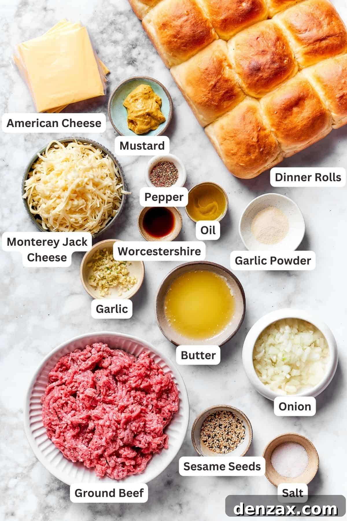 Cheeseburger Sliders ingredients. The ingredients for cheeseburger sliders are shown portioned out and labeled.