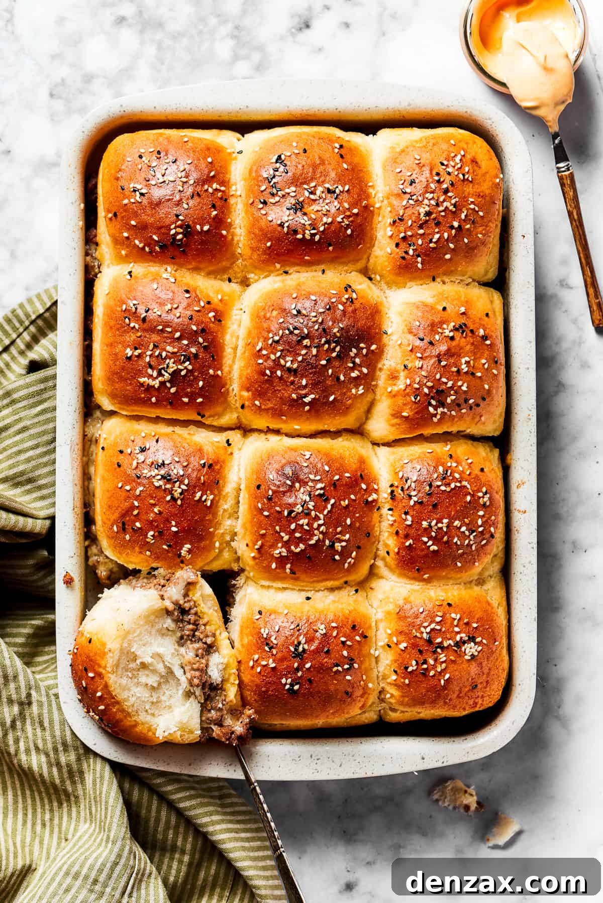 Cheeseburger Sliders baking dish. Cheeseburger sliders in a baking dish.