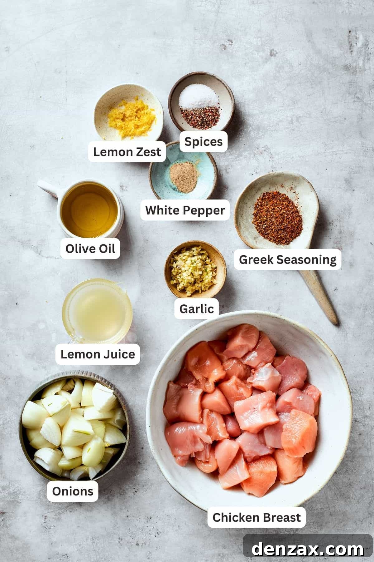 The ingredients for chicken souvlaki are shown portioned out and labeled: chicken, lemon, olive oil, salt and pepper, Greek seasoning, garlic.