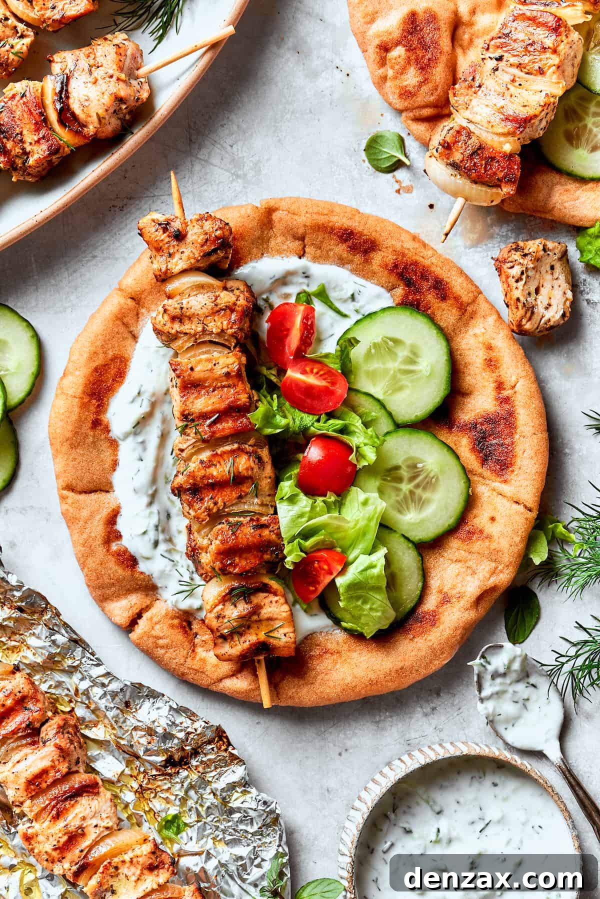 A skewer of chicken souvlaki is placed on a piece of flatbread alongside sliced cucumbers and tomatoes.