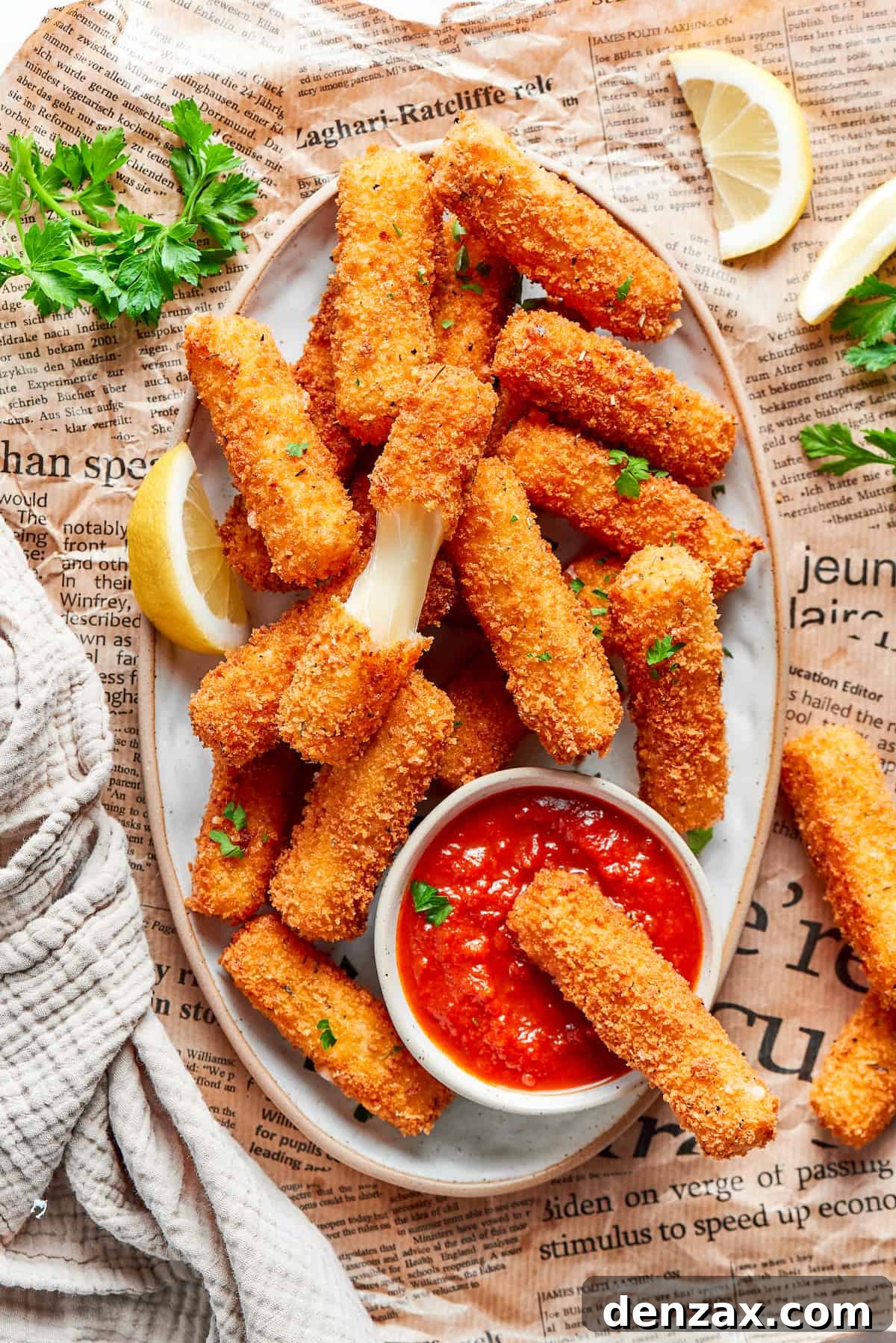 A platter of mozzarella sticks with one cut in half and one dipped in tomato sauce.