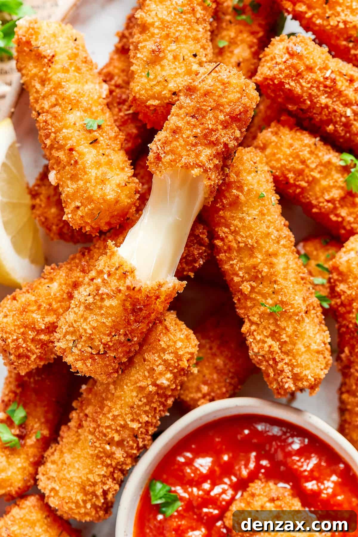 A mozzarella stick is broken up to show the melted cheese inside.