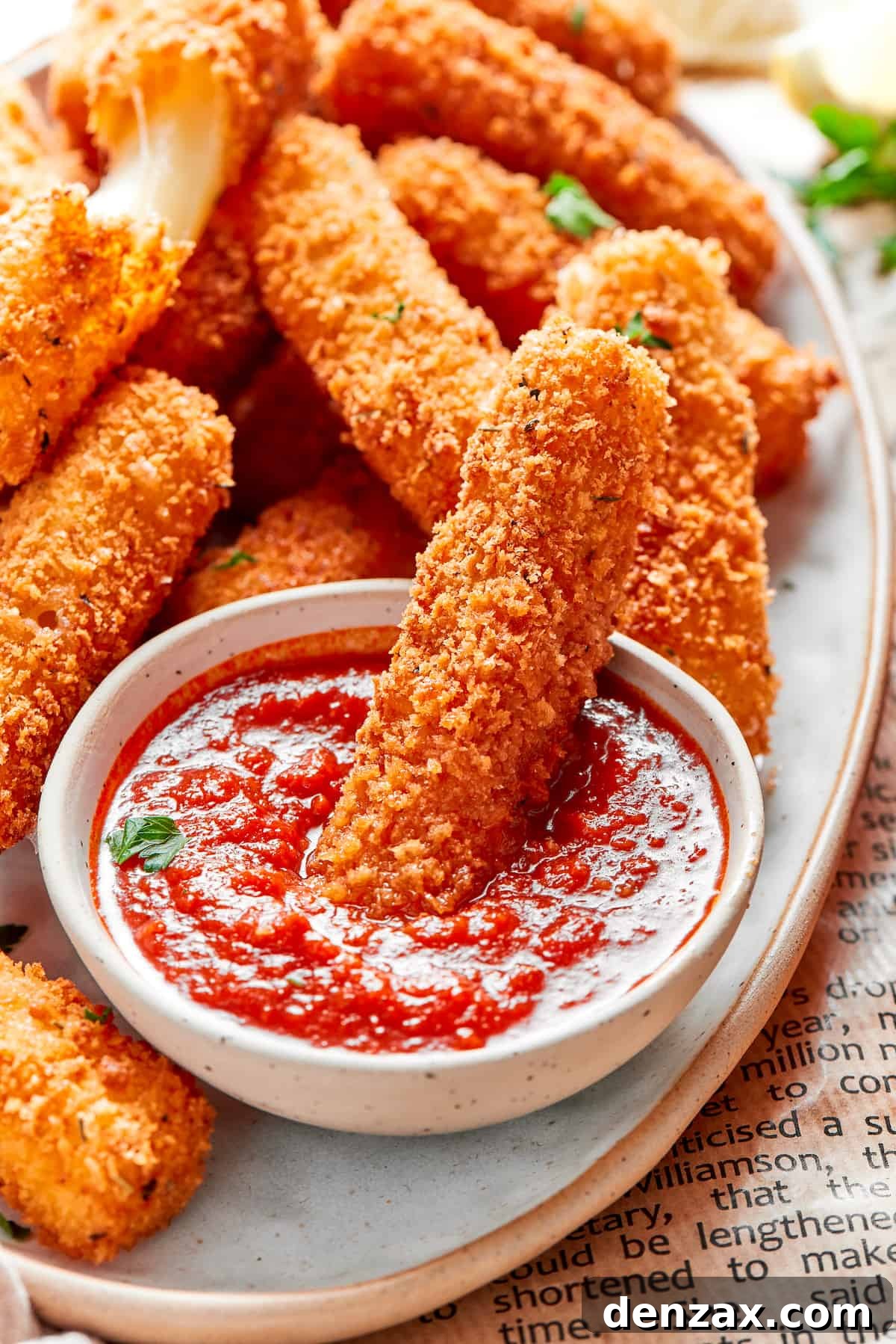 A mozzarella stick being dipped in a bowl of marinara sauce.