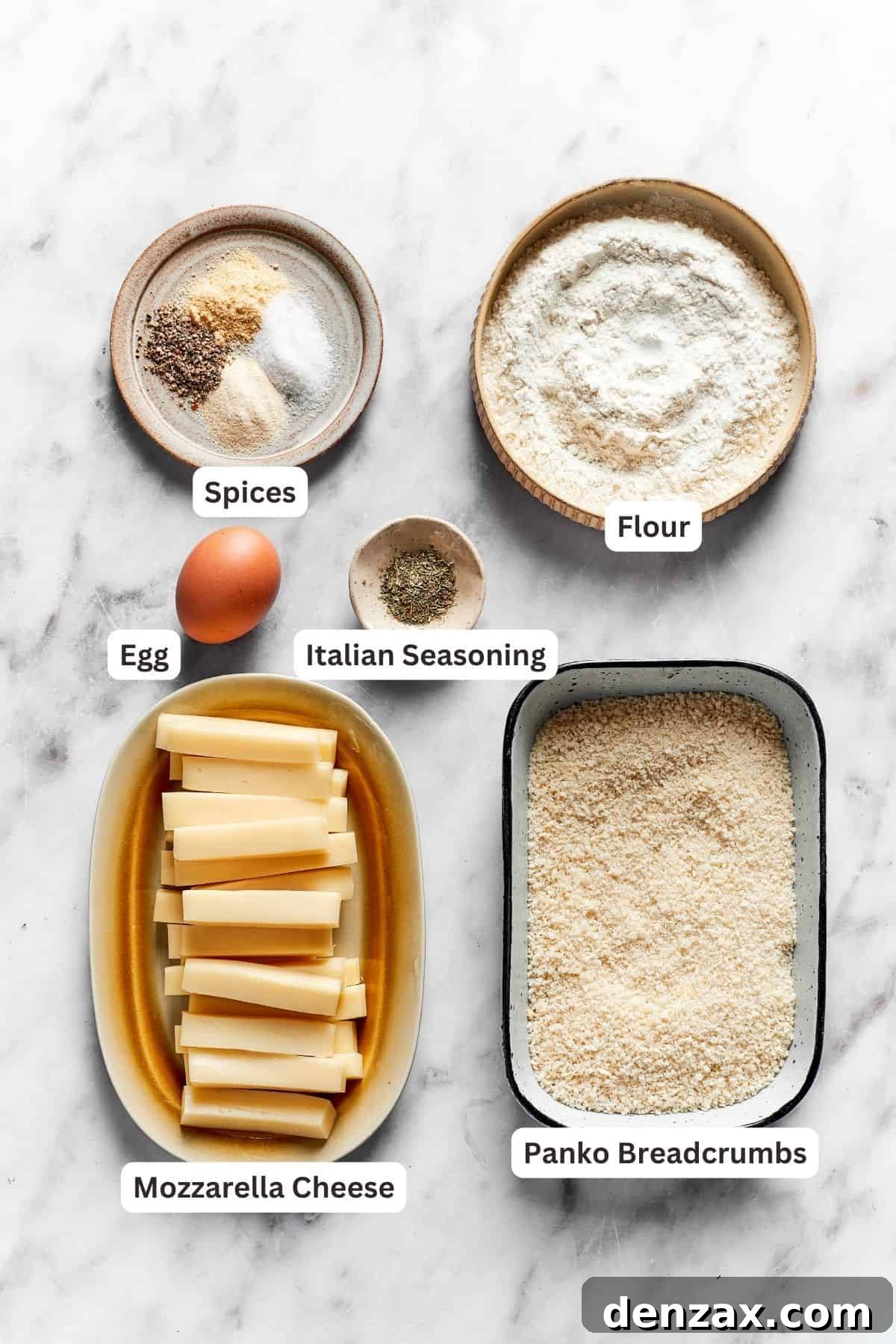 The ingredients for mozzarella sticks are shown portioned out and labeled: mozzarella cheese, panko breadcrumbs, flour, egg, Italian seasoning, salt and pepper.