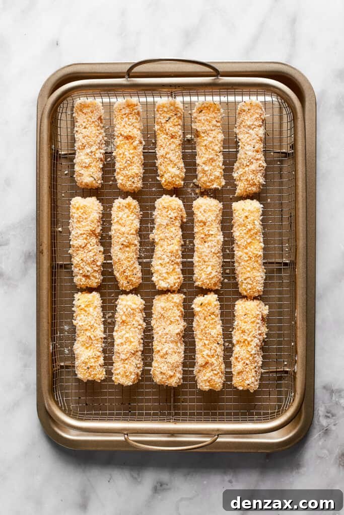 The mozzarella sticks are shown on a rack.