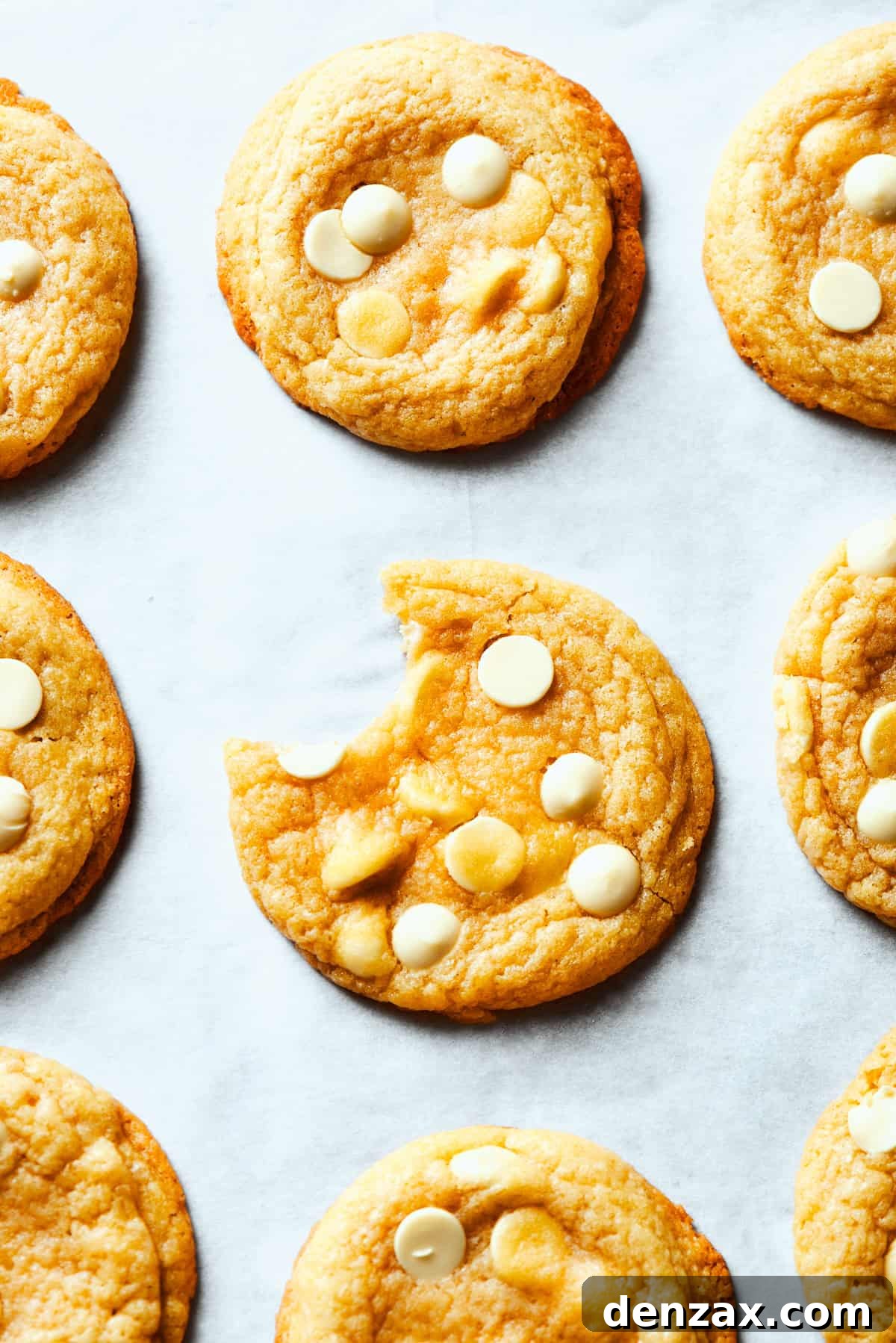 Chocolate chip cookies arranged on a white surface and the cookie in the center is missing a bite.
