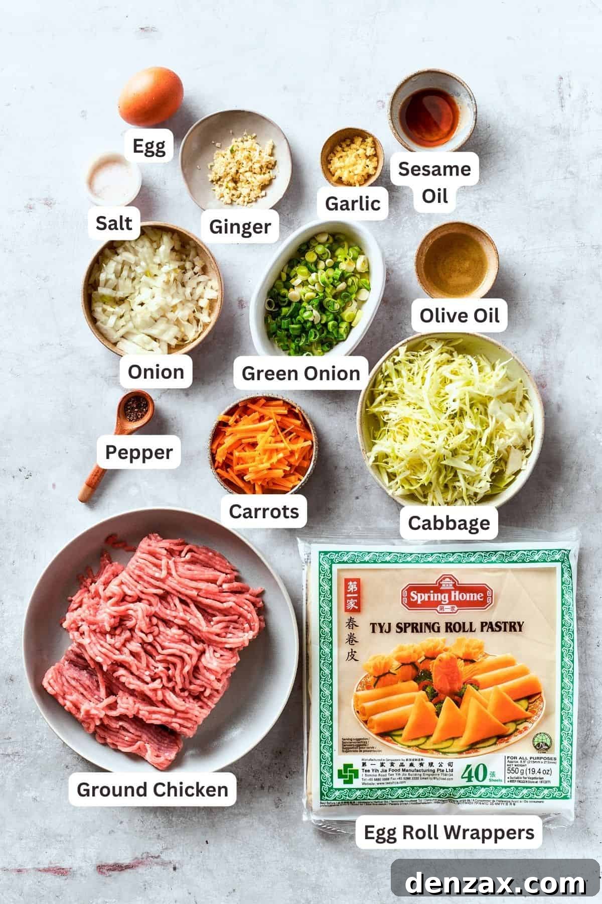 The ingredients for chicken egg rolls are shown portioned out and labelled.