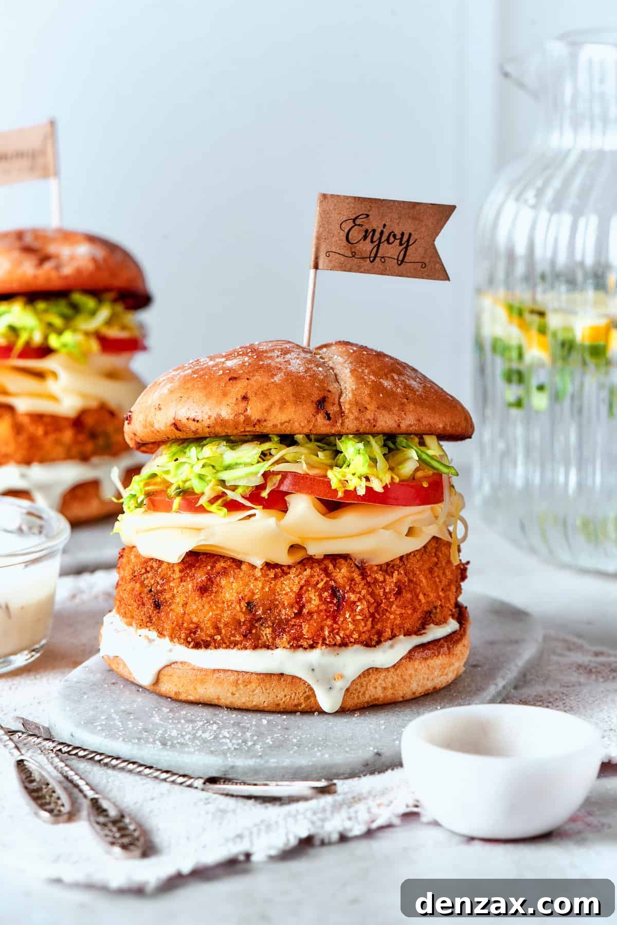 Sauce is seen dripping from a shrimp burger.