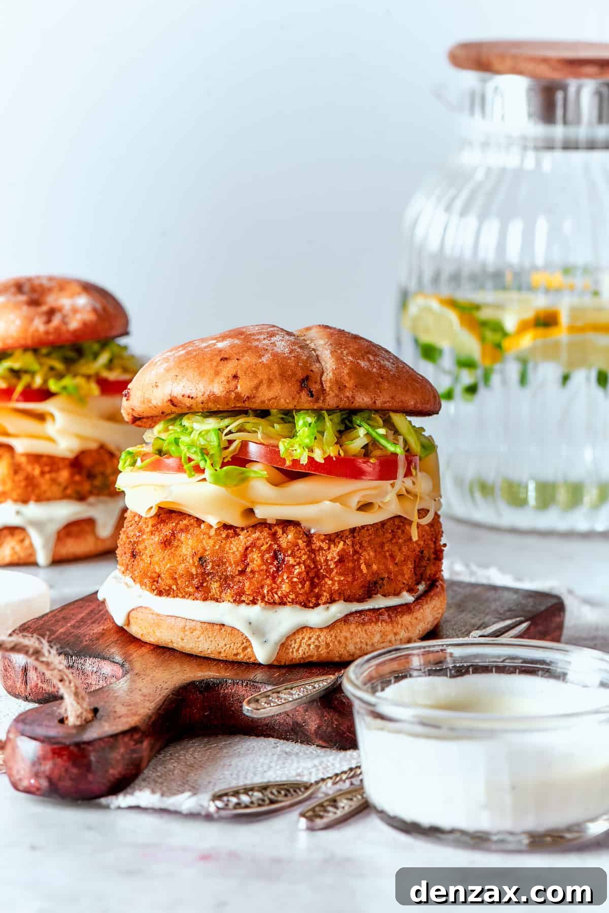 Shrimp burgers and sauce on a table.