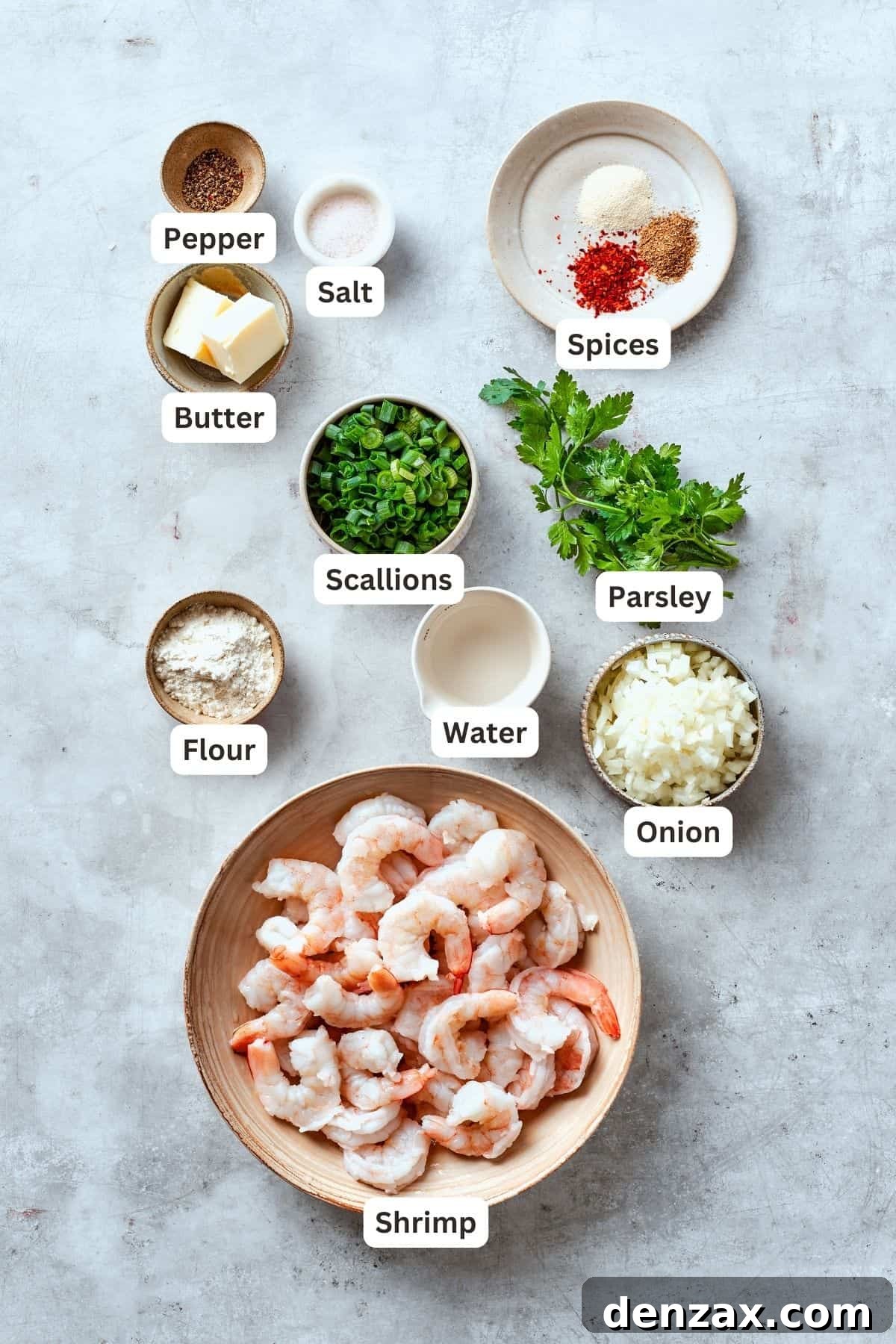 The ingredients for shrimp burgers are shown labelled: butter, pepper, salt, flour, spices, parsley, onion, water, scallions, shrimp.