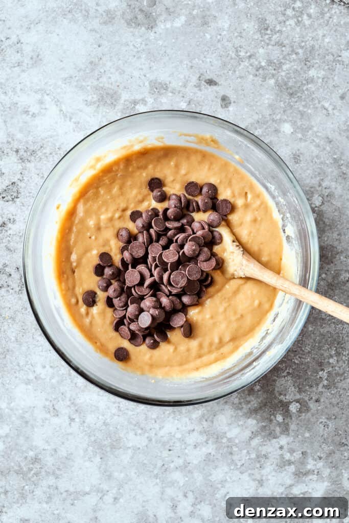 Chocolate chips are added to the banana bread batter.