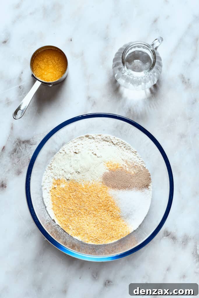The dry ingredients for deep dish pizza crust in a bowl.