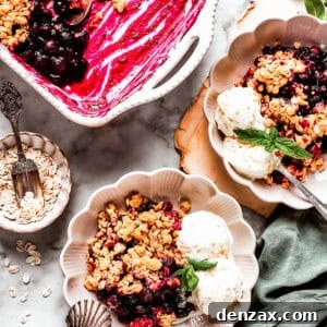 Irresistible Blueberry Crisp with Oat Topping Recipe 2 Overhead image of two dessert bowls of blueberry crisp served with scoops of ice cream. There is a baking dish with the crisp placed near the bowls.