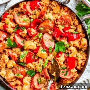 Pan of jambalaya with rice, chicken and sausage.
