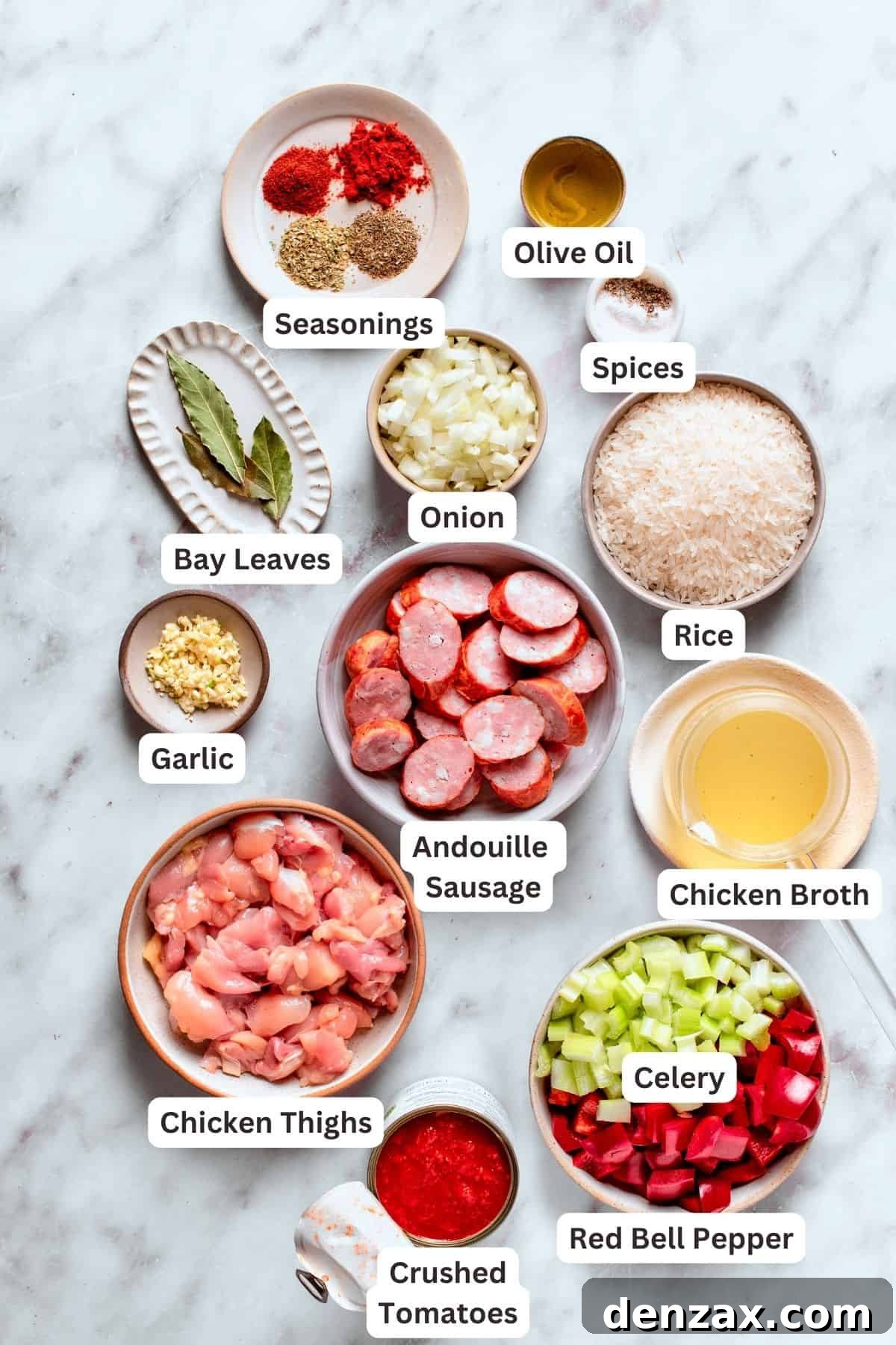 Labeled ingredients for chicken and sausage jambalaya.