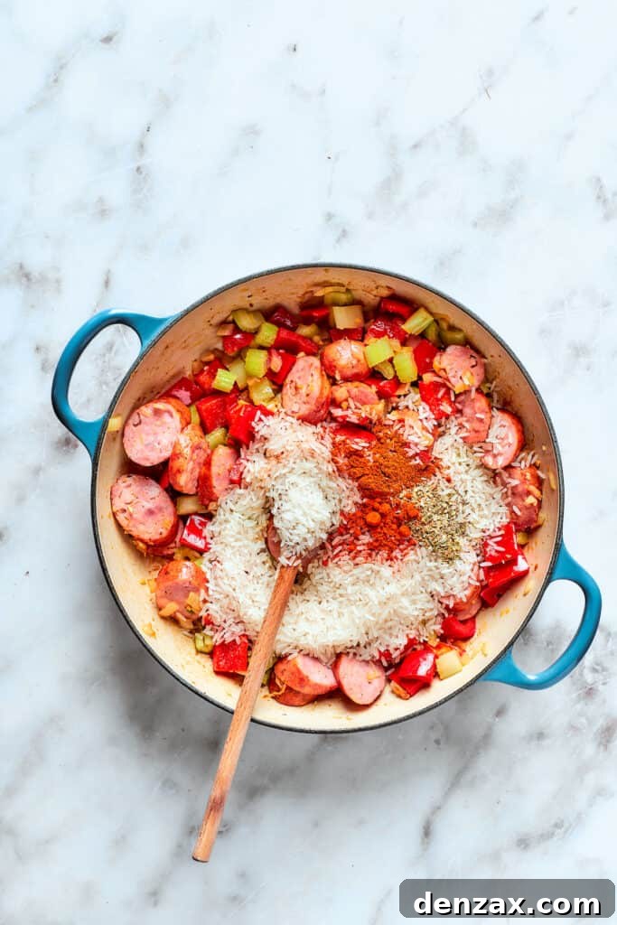 Spices and rice in the pot.