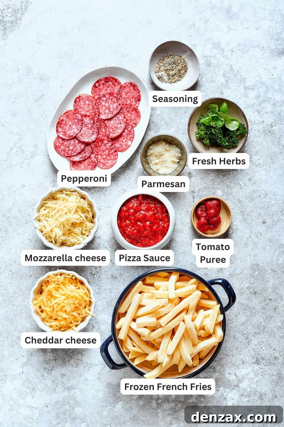 Ingredients for pizza fries include pepperoni, fries, herbs, cheddar, mozzarella, tomato puree, tomato sauce, parmesan.