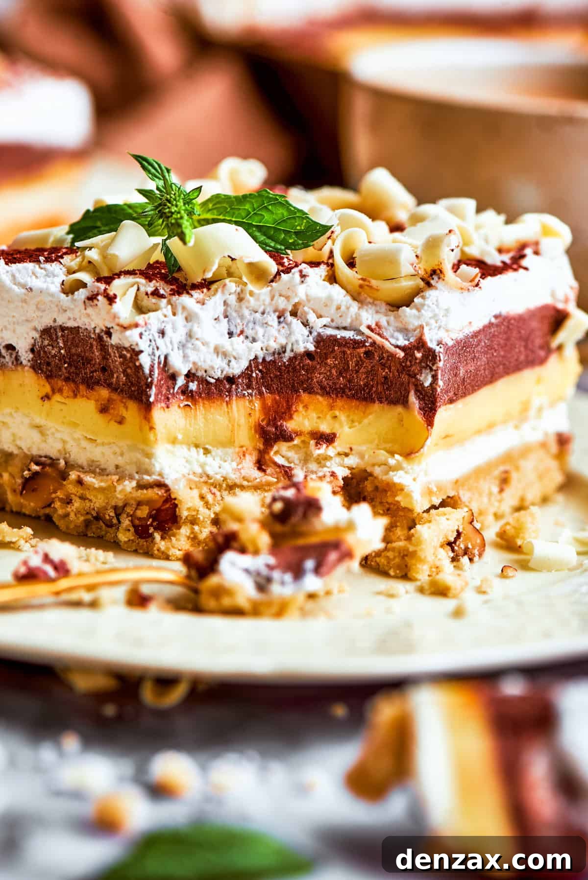 This easy Sex in a Pan recipe layers a tangy-sweet cream cheese filling with vanilla and chocolate puddings on top of a pecan crust. A side view of sex in a pan dessert with all the layers showing.