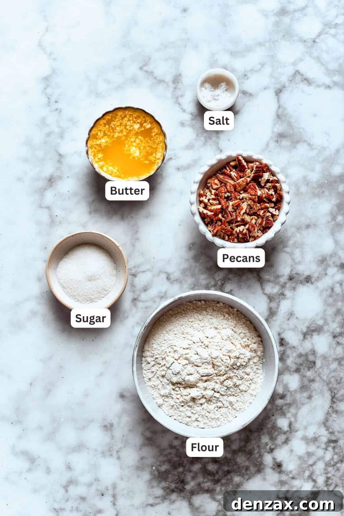 Crust Ingredients. Sex in a pan crust ingredients are shown: sugar, butter, pecans, flour, salt.