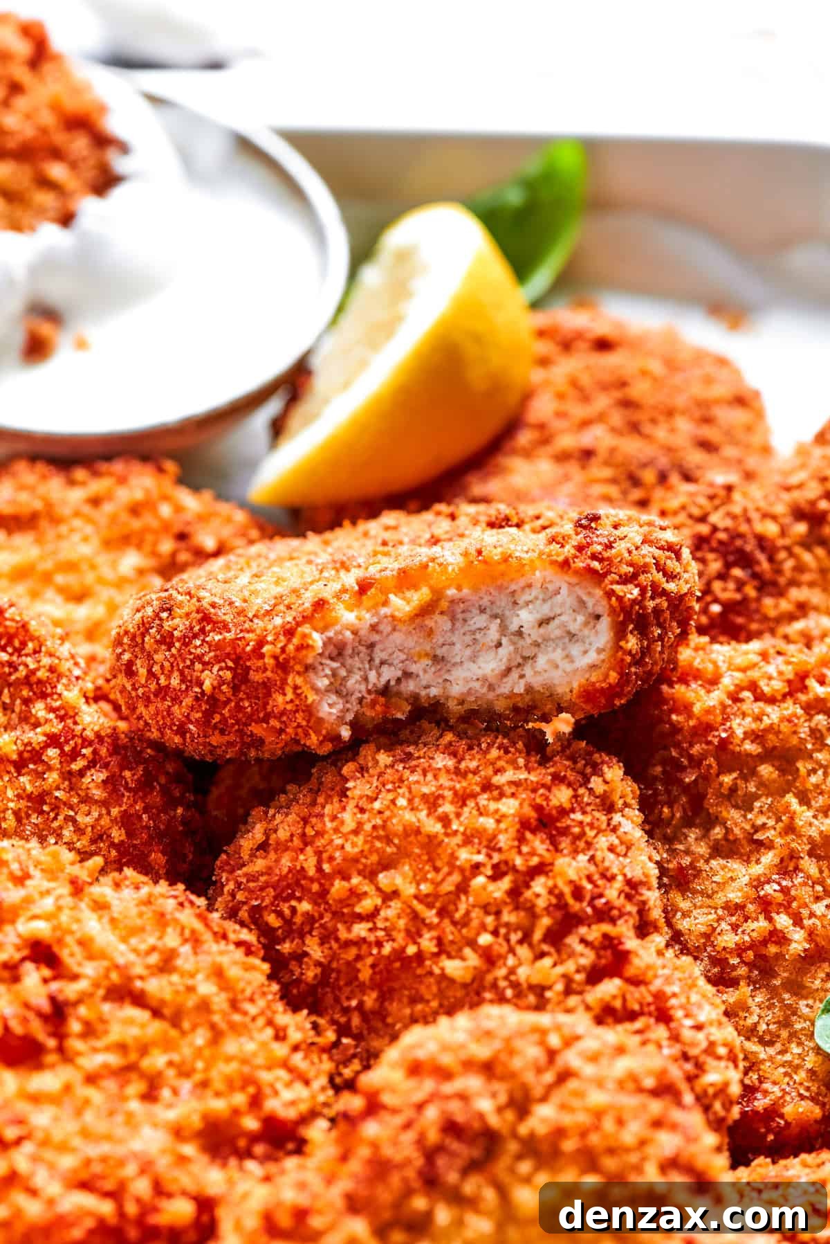 A pile of chicken nuggets, one with a bite taken out.