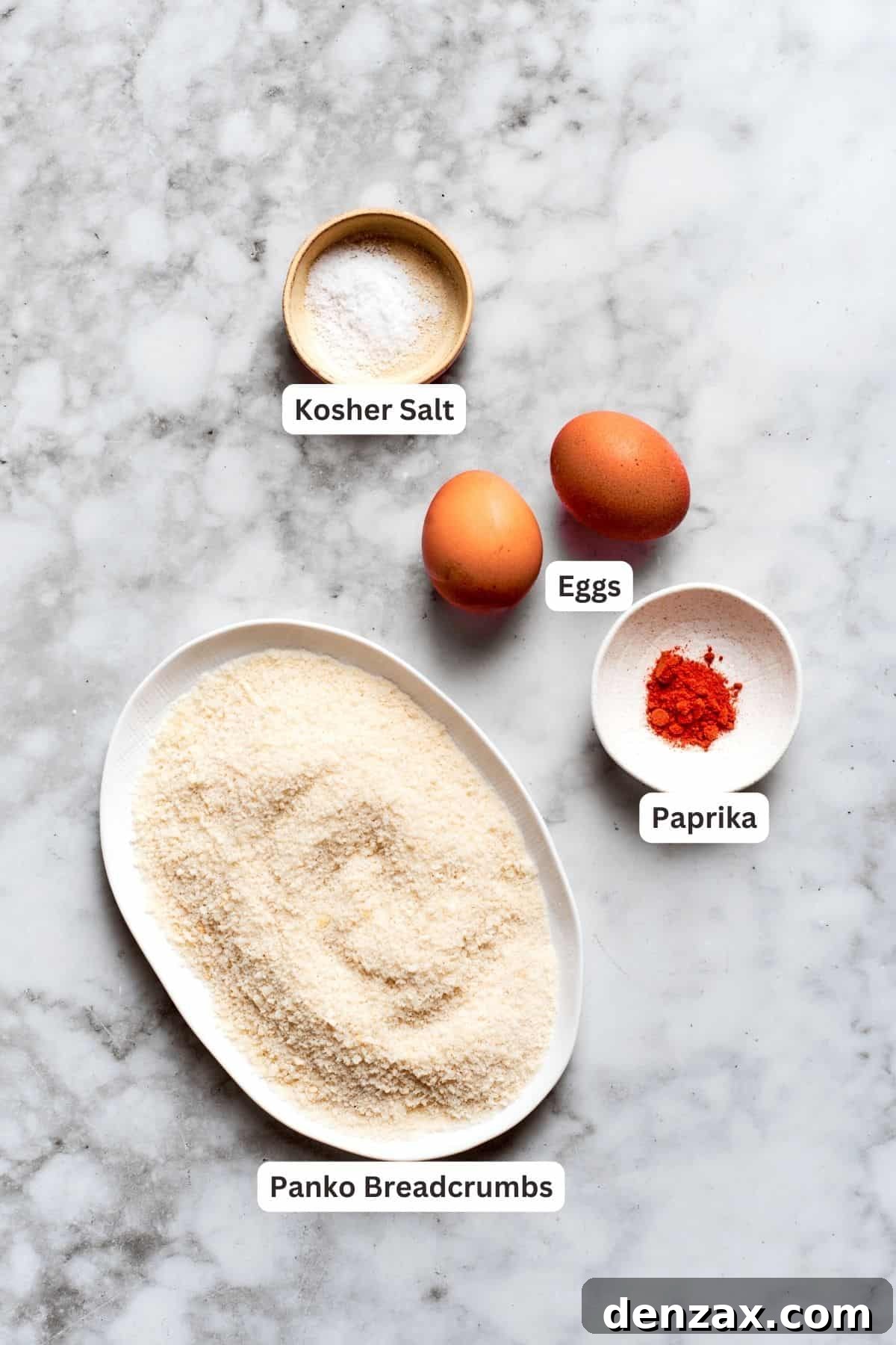 Breading ingredients for chicken nuggets recipe: panko breadcrumbs, salt, eggs, paprika.