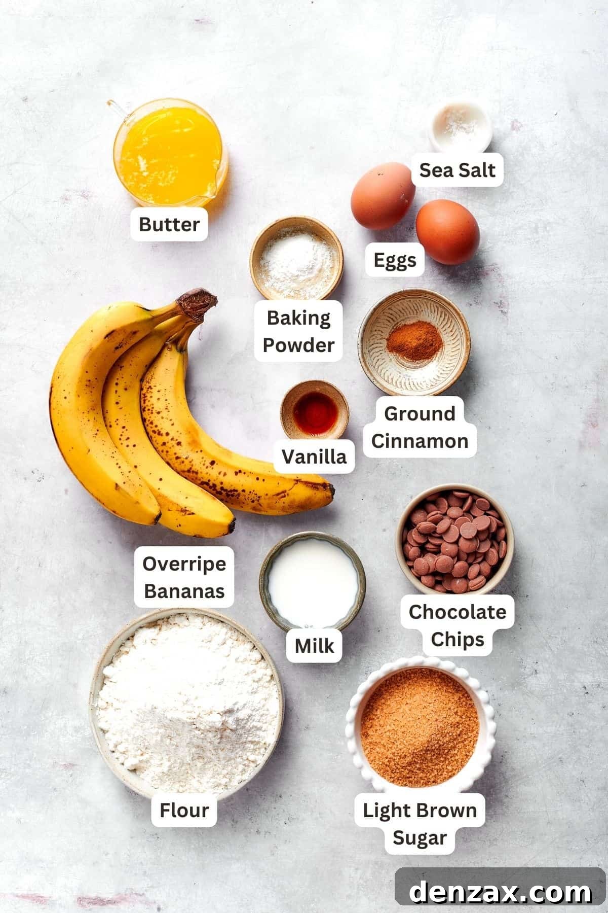 Ingredients for banana muffins recipe: bananas, vanilla, ground cinnamon, butter, baking powder, eggs, sea salt, chocolate chips, flour, brown sugar, milk.