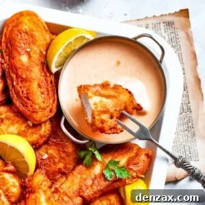 A piece of beer battered chicken is dipped into spicy sauce with more chicken pieces around it.